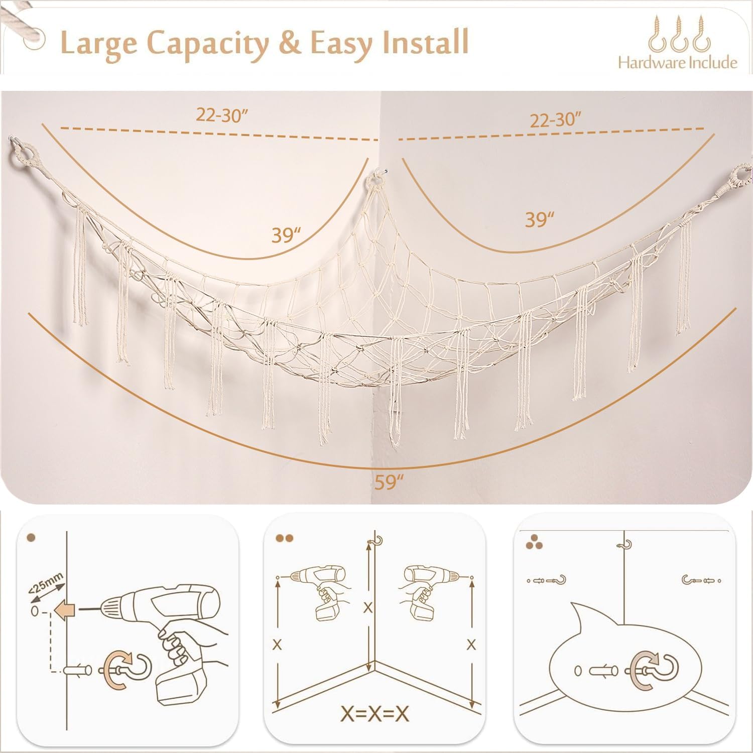 YKBU Stuffed Animals Hammock Corner Hanging Net Macrame Stuffed Animal Storage Plush Toy Holder Toy Organizer for Boho Nursery Playroom Bedroom Kids Room (cream, M)
